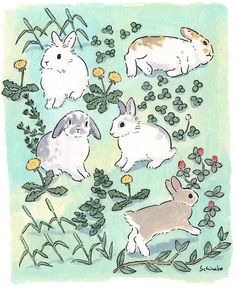 four rabbits are sitting in the grass with flowers and leaves around them, all looking at each other