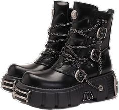 Edgy Moto Boots With Metal Pin Buckle, Punk Style Chain Boots For Streetwear, Gothic Moto Ankle Boots With Metal Feet, Edgy Chain Boots For Streetwear, Gothic Ankle Moto Boots With Metal Feet, Edgy Chain Boots With Round Toe, Edgy Boots With Chain And Round Toe, Trendy Moto Boots With Metal Feet For Alternative Fashion, Edgy Boots With Chain Strap And Round Toe