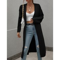 Black Solid Knit Open Front Long Cardigan Outfit Con Jeans, Shoulder Cardigan, Drop Shoulder Cardigan, Solid Color Sweater, Clothing Board, Rib Knit Cardigan, Gilet Long, Cardigan Sweaters For Women, Ribbed Neckline