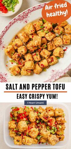 the recipe for salt and pepper tofu is shown in two different pictures, with text overlay