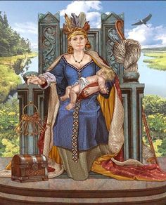 a painting of a woman sitting on top of a throne with birds flying around her