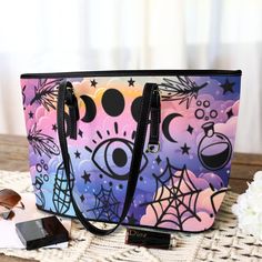 Moon phases Mystic Wicca Tote Bag-MoonChildWorld Witchy Purse, Witchy Bag, Moon Purse, Witch Bag, Witchy Handbag, Spooky Outfits, Bat Purse Handbags, Gothic Tote Shoulder Bag For Everyday Use, Purple Goth Bag