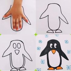 four different pictures of children's hand and penguin drawn on paper with snowflakes