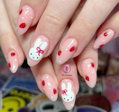 Strawberry Inspo Nails, Nail Ideas Strawberry, Red Miffy Nails, Coquette Nails Almond, Pink Strawberry Nails, Uñas Coquette, Coquette Nail, Strawberry Nails