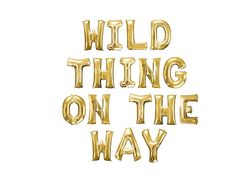 the words wild thing on the way are gold foil balloons in the shape of letters