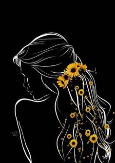 a drawing of a woman with sunflowers in her hair on a black background