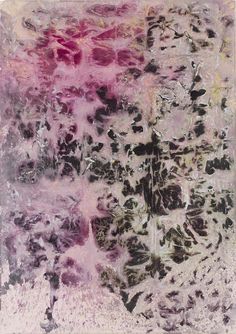 an abstract painting with black and pink colors on it's surface, in the middle of