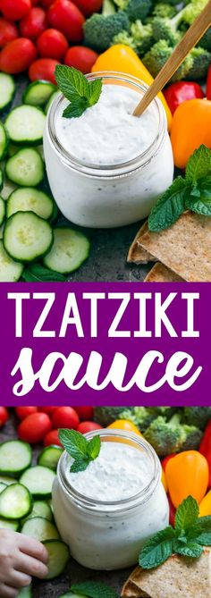 two images with the words tzaziki sauce in front of vegetables and pita chips