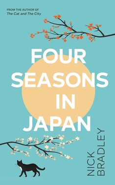 the cover of four seasons in japan, with a black cat standing on a branch