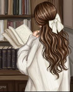 a girl with long hair is reading a book in front of bookshelves and holding an open book