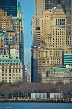 there are many tall buildings in the city by the water and trees on the bank