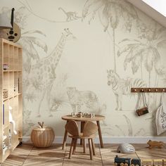 a child's room with a giraffe wallpaper and wooden toys on the floor