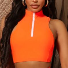 Brand: Fashion Nova Size: Xl Material: 82% Nylon, 18% Spandex Color: Neon Orange Details: High Neck Crop Tank Sleeveless White Zipper Full Stretch New With Tags, No Bottom Included Sporty Sleeveless Nylon Crop Top, Nylon Stretch Tankini For Sports, Sleeveless Stretch Swimwear For Training, Orange Nylon Sports Swimwear, Trendy Sleeveless Swimwear, Nylon Stretch Sports Tankini, High Stretch Swimwear For Training, Sports Nylon Stretch Tankini, Trendy Elastane Swimwear