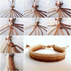 four pictures showing how to make a macrame bracelet with beads and tassels