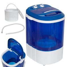 a blue and white portable washing machine next to a trash can