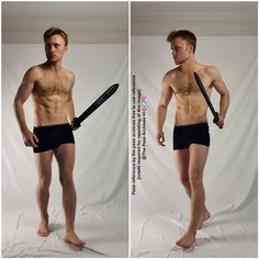 two pictures of a man with no shirt holding a baseball bat