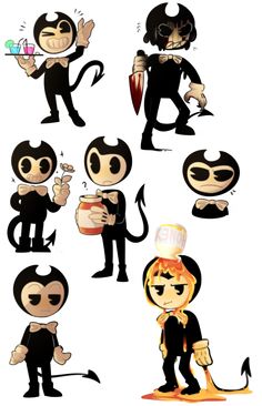 some cartoon characters with different facial expressions and hair colors, all dressed up in black