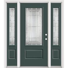 a green door with two sidelights and glass panels