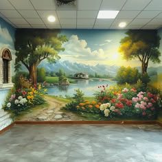 an empty room with a mural painted on the wall and flowers in the foreground