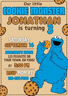 a cookie monster birthday party with cookies on the front and bottom, including an image of a