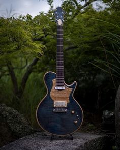 an electric guitar sitting on top of a rock in front of some bushes and trees