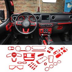 the interior of a car with red trims and dash stickers in front of it