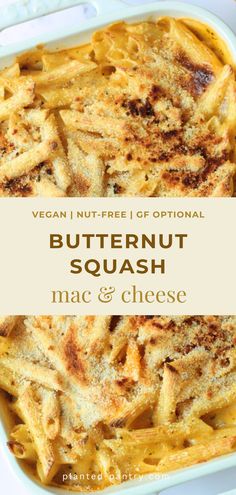 butternut squash mac and cheese in a white casserole dish with text overlay