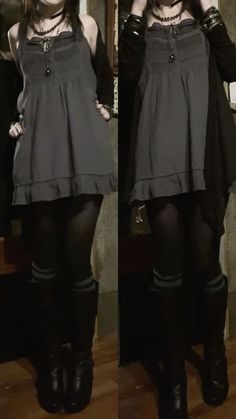 Mini Dress Layering Outfit, Emo Indie Outfits, Outfit With Black Sweater, Creepy Cute Clothes, Goth Gym Aesthetic, Simple Punk Outfits, Mopey Goth Outfits, Romantic Grunge Outfit, Cozy Goth Outfit