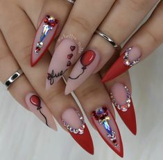 Red Stiletto Nails, Nails With Rhinestones, Red Acrylic Nails, Nails Design With Rhinestones, Her Nails, Red Nail Designs, Exotic Nails, Bling Acrylic Nails