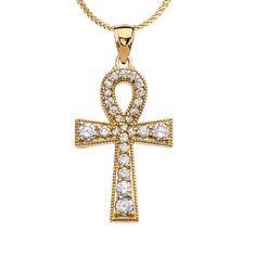 Yellow Gold Ankh Cross Diamond Pendant Necklace Key Of Life Necklace, Pendant Necklace White Gold, Diamond Necklace Jewelry, Diamond Necklace Indian, Claddagh Necklace, Ankh Cross, Key Of Life, Necklace White Gold, White Gold Pendant Necklace