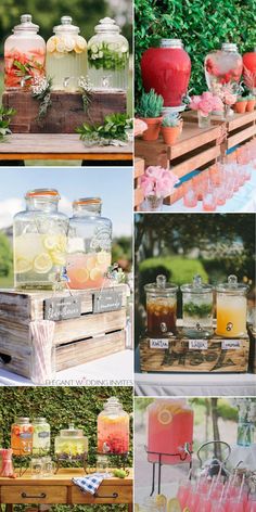 various shots of different drinks and beverages on display