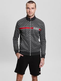 Add interest to your activewear with this knit polyester zip-up sweatshirt featuring an allover Quattro G logo print, contrasting racing stripe across the chest and side slip pockets. Made with recycled plastic. G Logo, Racing Stripes, Track Jacket, Track Jackets, Recycled Plastic, Zip Up, Logo Print, Style Icons, Zip Ups