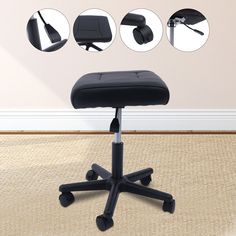 a black office chair with four different positions to adjust the seat and backrests