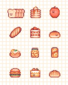 pixelated food icons are displayed on a gridded background, including breads and other foods