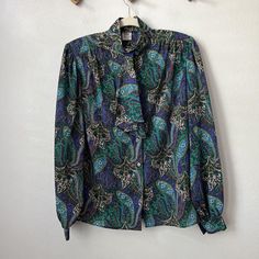 Vtg purple green paisley funky silky button blouse ascot neck fits M/L long slvs  * length 25 inches  * pit to pit 20 inches 0599 Green Paisley, Button Blouse, Purple Green, Womens Clothing Tops, Paisley, Violet, Blouses For Women, Art Collection, Bathing Beauties