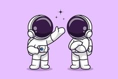 two astronauts giving thumbs up to each other on a purple background with stars in the sky