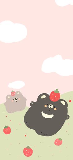 two black bears with strawberries on their heads are in the grass and one is eating an apple