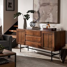 a living room scene with focus on the sideboard and plant in the centerpiece