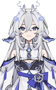 an anime character with long white hair and blue eyes, wearing a cosplay outfit