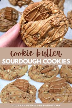 cookies with chocolate drizzled on top and the words cookie butter sourdough cookies