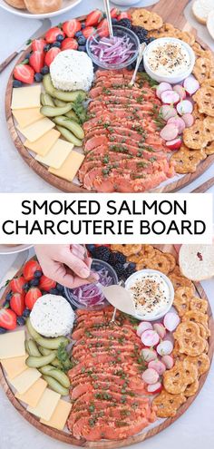 round charcuterie board with smoked salmon, pretzel chips, boursin cheese, pickled and fresh fruit. Easy Cheese Board, Charcuterie Board Easy, Salmon Appetizer Recipes, Cheese Board Easy, Easy Charcuterie