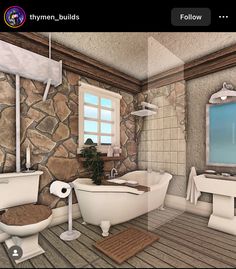 an image of a bathroom with stone walls and flooring, including a claw foot tub