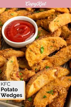 fried potato wedges with ketchup on the side and text overlay that reads, kfc potato wedges