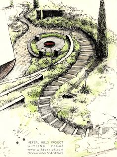 a drawing of a garden with stairs and trees