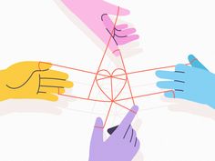 four hands holding together string with heart in center and other hands reaching out to each other