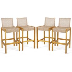 These 4-piece patio barstools will be perfect for outdoor relaxation. The stable acacia wood frame of each bar chair ensures both durability and high strength. And the teak painted surface enhances the natural and elegant appearance while providing a smooth and burr-free finish. Moreover, the seat and backrest are crafted from high-grade light brown PE rattan, adding elegance, breathability, and resistance to fading. Each barstool offers ultimate comfort with its ergonomic design, including a cu Wood Barstools, Wicker Bar Stools, Rattan Bar, Bar Height Chairs, Cozy Seats, Patio Bar Stools, Outdoor Patio Set, 30 Bar Stools, Bar Patio