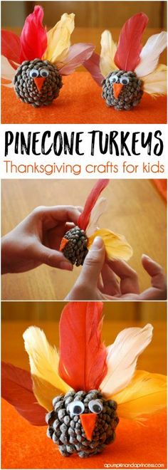 pinecone turkeys made with thanksgiving crafts for kids to make their own decorations