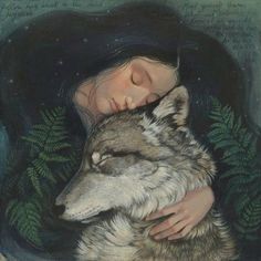 a painting of a woman hugging a wolf with her head on the back of it