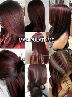 these hair designs are killing me😻☆ Medium Length Cherry Red Hair, Cherry Cola Highlights On Black Hair, Black Hair With Red Highlights Long, Skunk Hair Red, Black And Red Highlights, Red Highlights On Dark Hair, Hair Stripes, Skunk Hair, Wine Hair