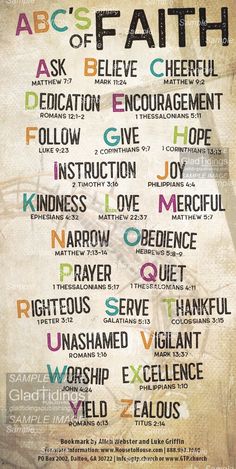 ABC's of Faith (Pack of 10) Info-Cards or Oversize Bookmarks - Glad Tidings Publishing Narrow Gate Bible Craft, The Gospels Bible Study, Bible Scrapbooking Ideas, Bible Verses For School, Bible Verses For Teachers, Gratitude Bible Verses, Bible Flash Cards, Bible Verses On Faith, Verses On Faith